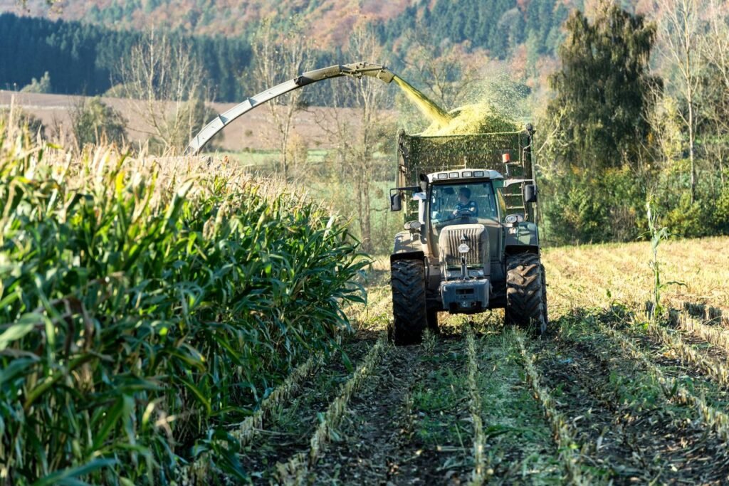 A tractor with trailer harvesting corn in the scenic countryside of Holzminden, Germany.