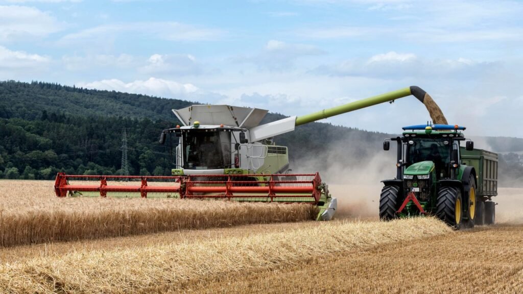 Tractor and harvester working collaboratively in a wheat field on a sunny day.